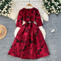 High-end Elegant Waist-tight Slimming Round Neck Five-quarter Sleeve Heavy Industry Jacquard Swing Puffy Dress - Red - View 1
