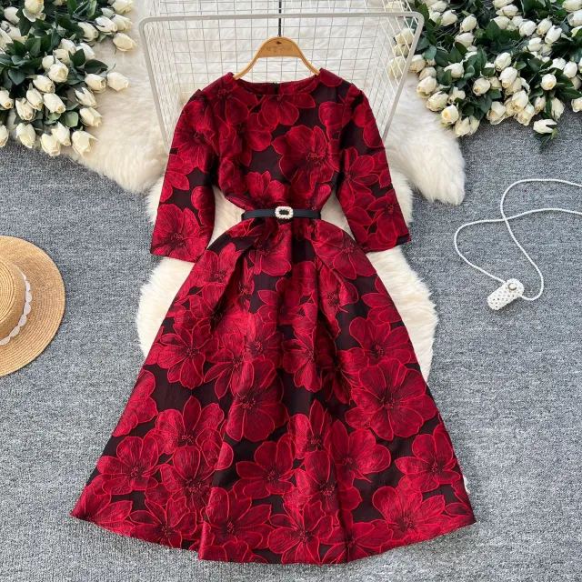 High end Elegant Waist tight Slimming Round Neck Five quarter Sleeve Heavy Industry Jacquard Swing Puffy Dress Red - Shop at LoveMi