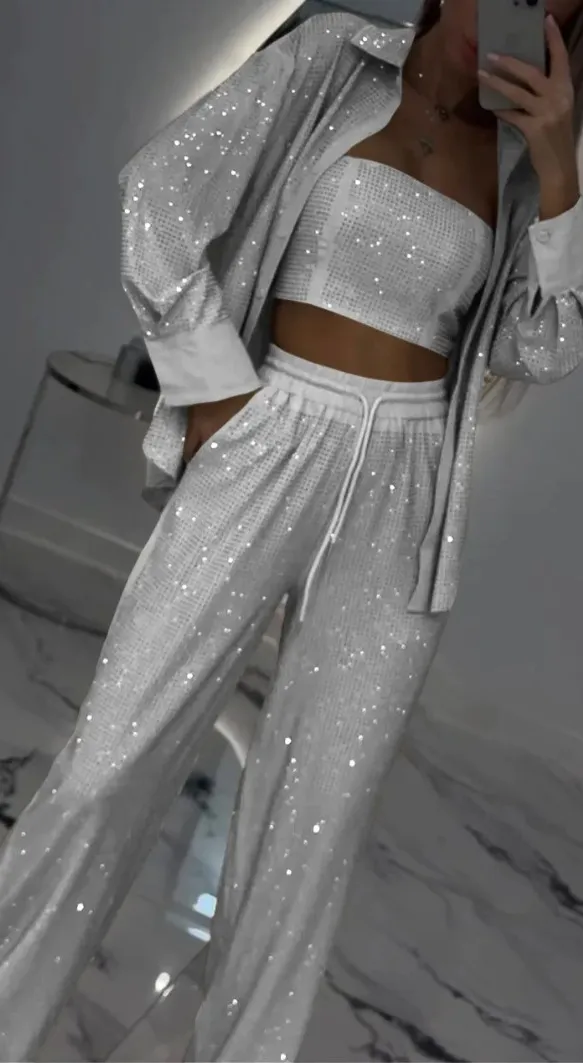 Loose Sequins Jacket Tube Top Three piece Suit White - Shop at LoveMi
