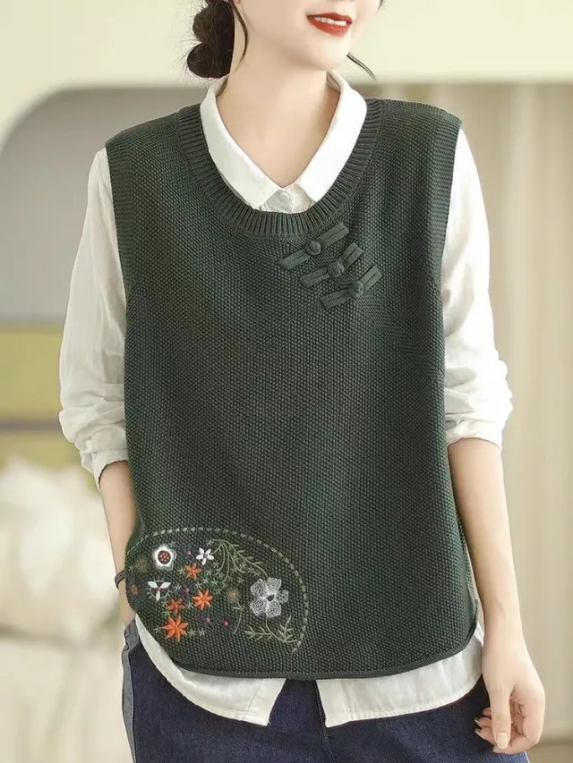 Autumn Knitted Vest Solid Color Army Green - Shop at LoveMi