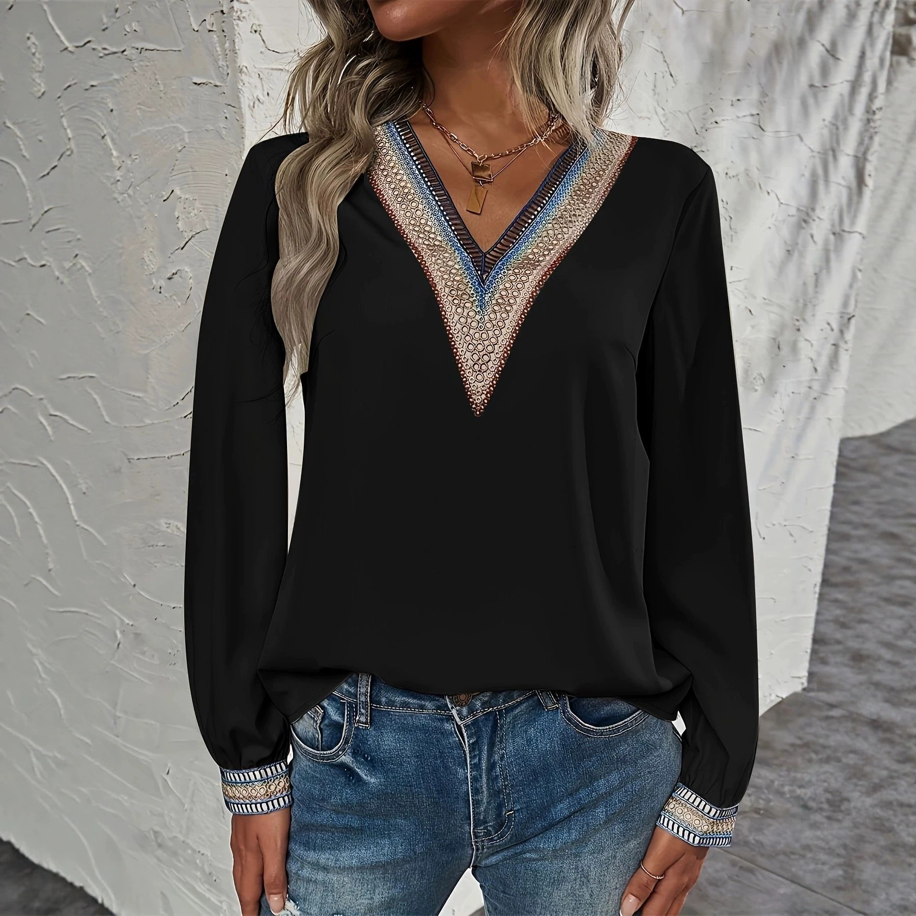 Womens Hollow-out V-neck Puff-sleeve Blouse Shirt