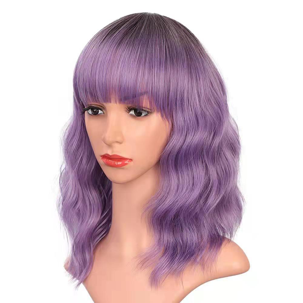 Full head Wig style Curly Small Wave Hairstyle Air Bangs Artificial Human Hair Wig Sheath Purple - Shop at LoveMi