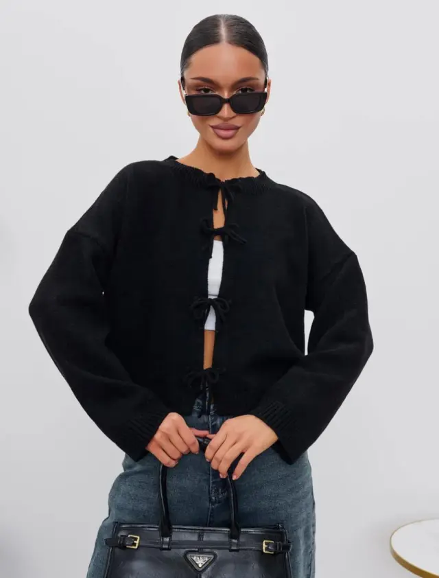European And American European And American Leisure Loose Cardigan Lace up Solid Color Knitted Sweater For Women Black - Shop at LoveMi