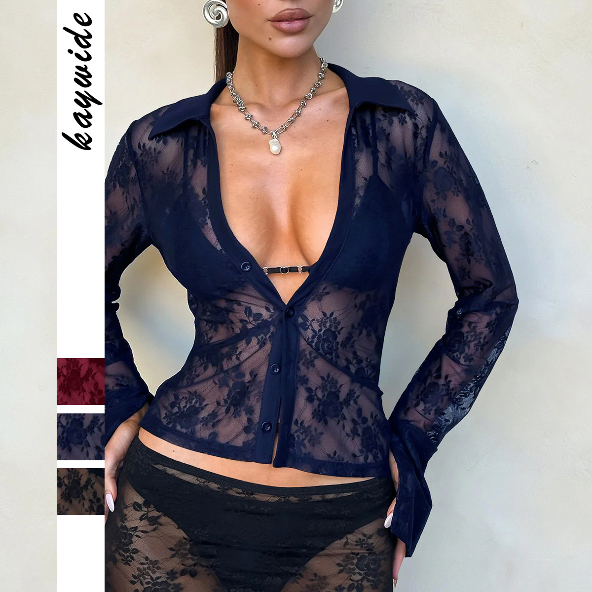 V Hot Girl Style Hollow Lace Cardigan Long Sleeve Top Women's Clothing