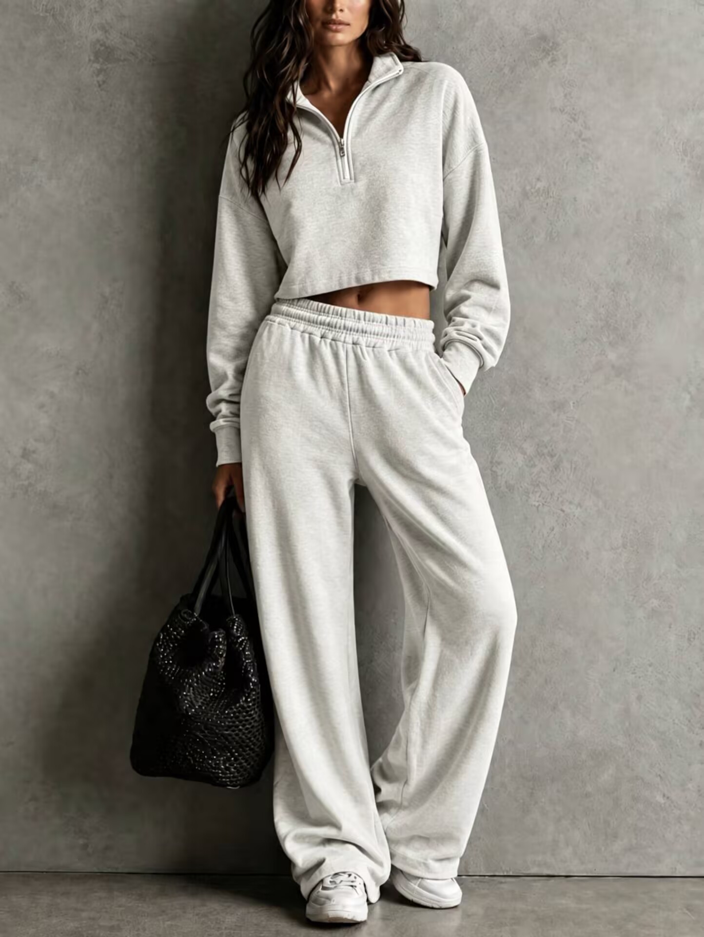Womens Loose-fitting Half-zip Top And Wide-leg Pants Set 7