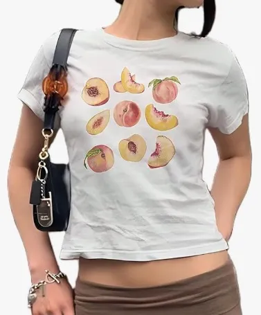 American Retro Crew Neck T shirt Letter Print Navel Peach - Shop at LoveMi