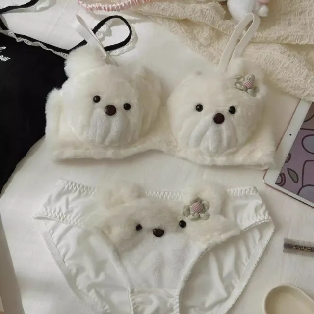 Plush Bear Bra Set Cute Cartoon Without Steel Ring White - Shop at LoveMi