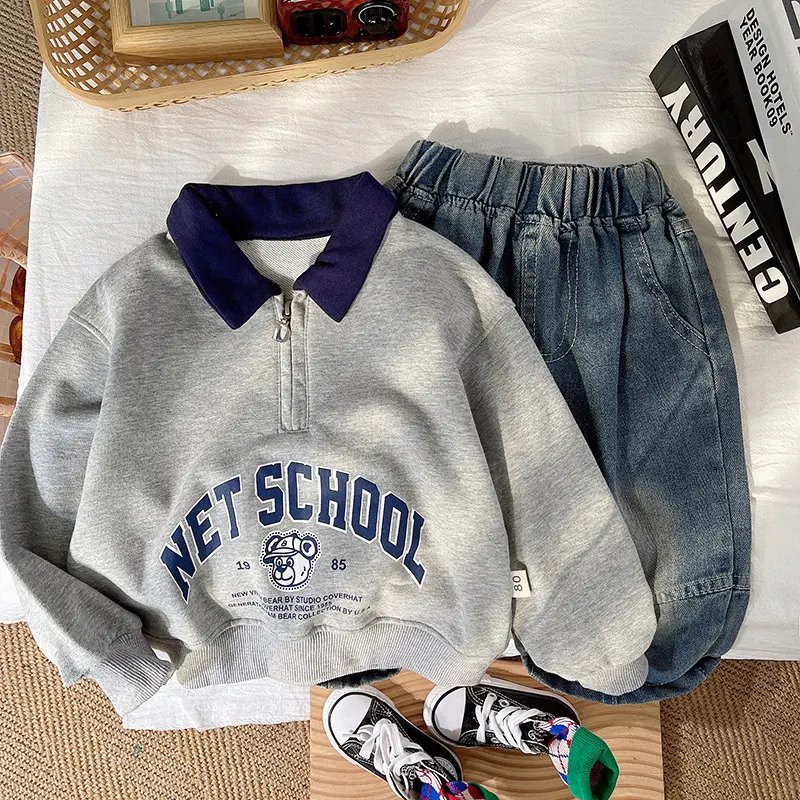 Kids' Letter-print Top And Vintage Denim Jeans
