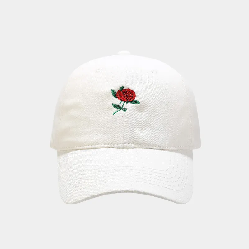 Women's Fashion Rose Embroidery Soft Top Baseball Cap - White