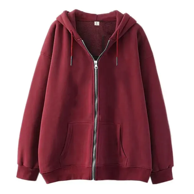 Full zip Hoodie With Fleece lined Solid color Sweatshirt Wine Red - Shop at LoveMi