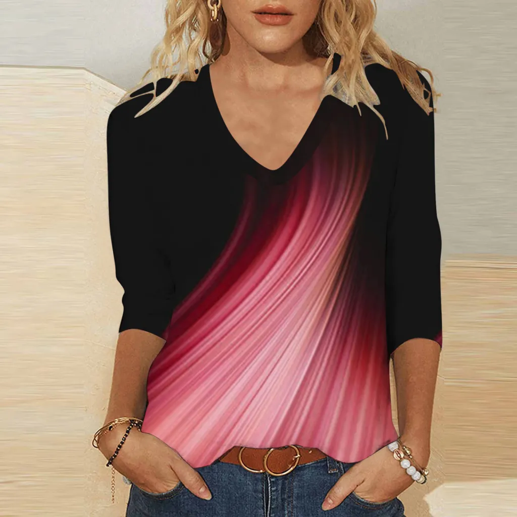 Digital Printing V-neck 34 Sleeves V-neck Casual Women's Top T-shirt - Vqfxch14455-S