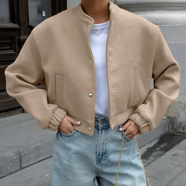 Flight Jacket Fashion Khaki Thick Small Stand Collar Woolen Tan - Shop at LoveMi