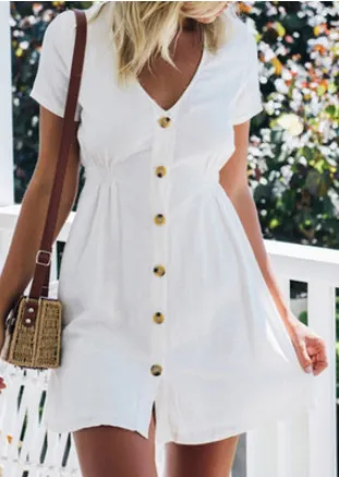 Color V neck Slim Single Row Button High Waist Dress Women White - Shop at LoveMi
