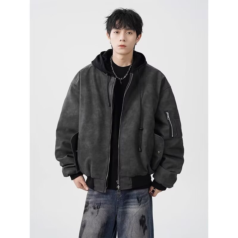 Mens Faux Two-piece Leather Jacket Cotton-padded Flight Jacket