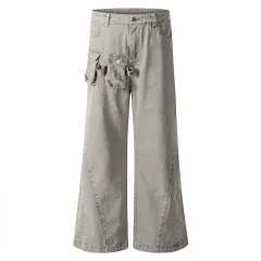American-style Retro Washed Distressed Loose Wide-leg Paratroopers Functional Overalls - Grey - View 1