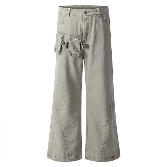 American style Retro Washed Distressed Loose Wide leg Paratroopers Functional Overalls Gray - Shop at LoveMi