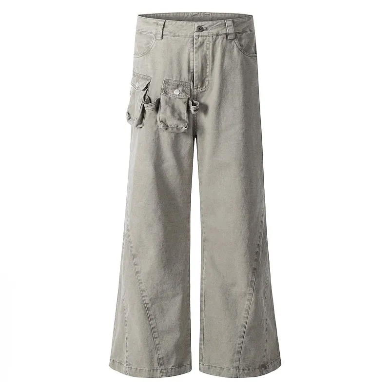 American-style Retro Washed Distressed Loose Wide-leg Paratroopers Functional Overalls - Gray