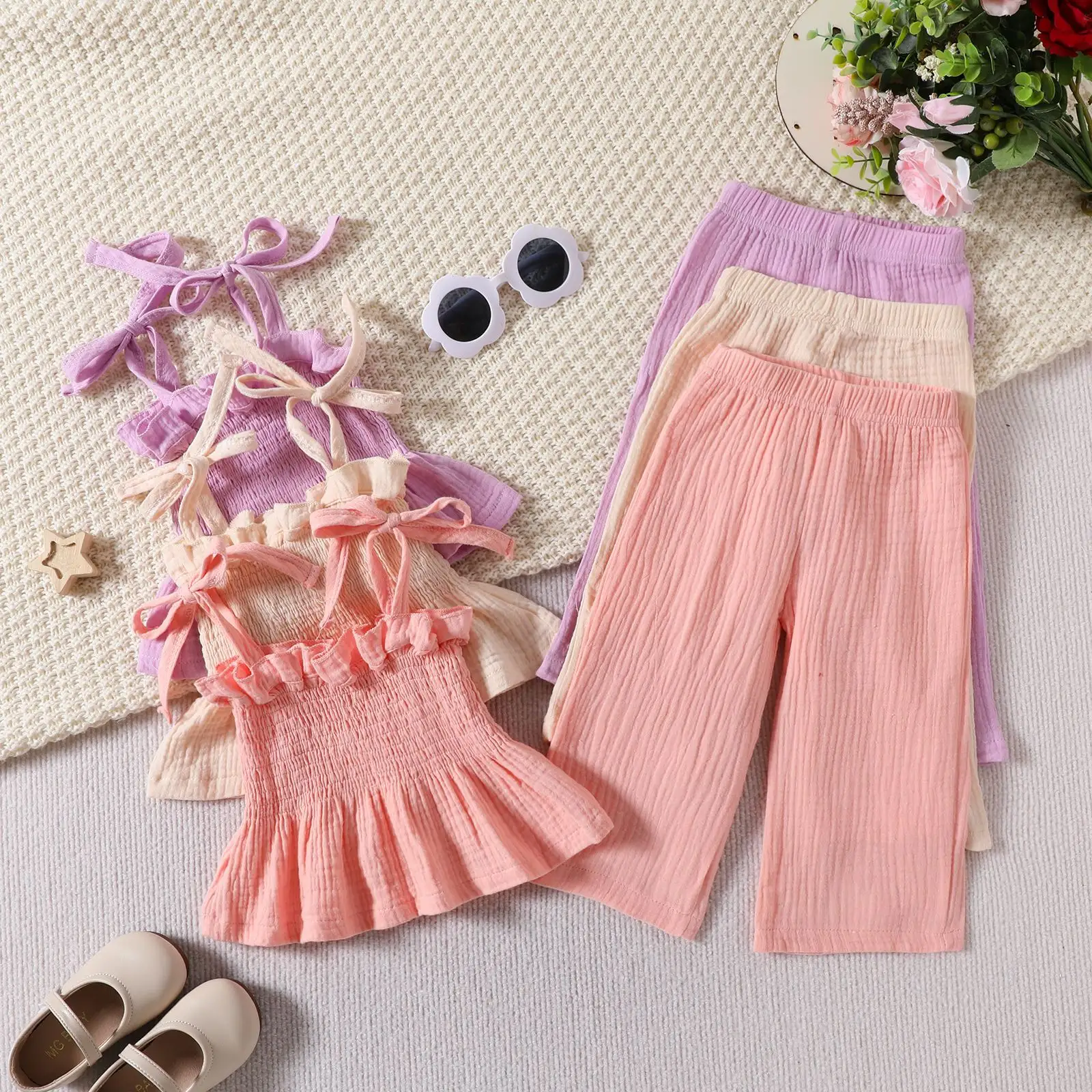 Girls Lace-Trimmed Strap Straight-Leg Pants Two-Piece Set