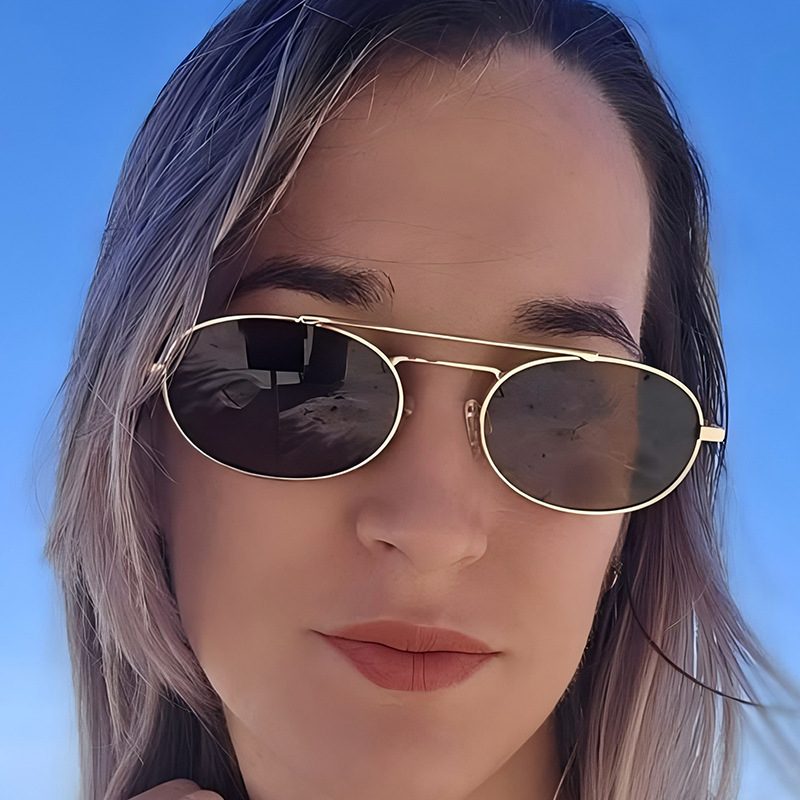 Retro oval dual-beam metal sunglasses final product image, UV protection eyewear