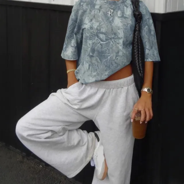 Women's Fashionable Loose All match Personality Leaf Printed Short Sleeve Light Blue - Shop at LoveMi