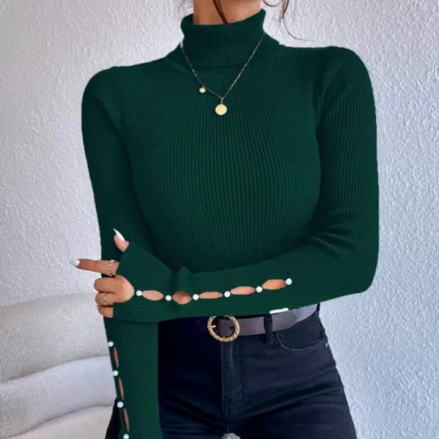 Spring Button Sweater Half Turtleneck Slim Fit Sexy Long Sleeve Women's Knitwear Dark Green - Shop at LoveMi