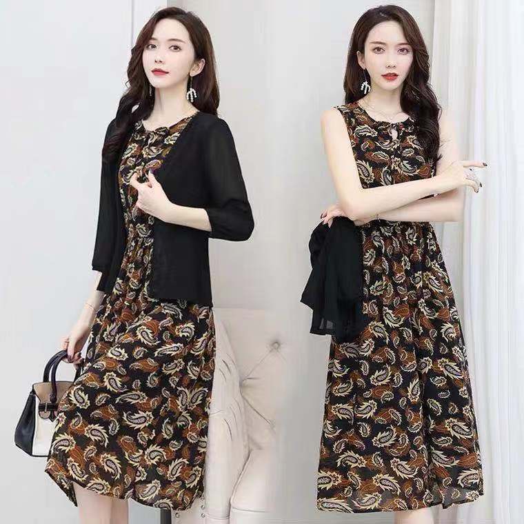 Chiffon Floral Dress Spring And Summer Two-piece Set Women's Half Sleeve Early Spring Temperament New Suit Skirt