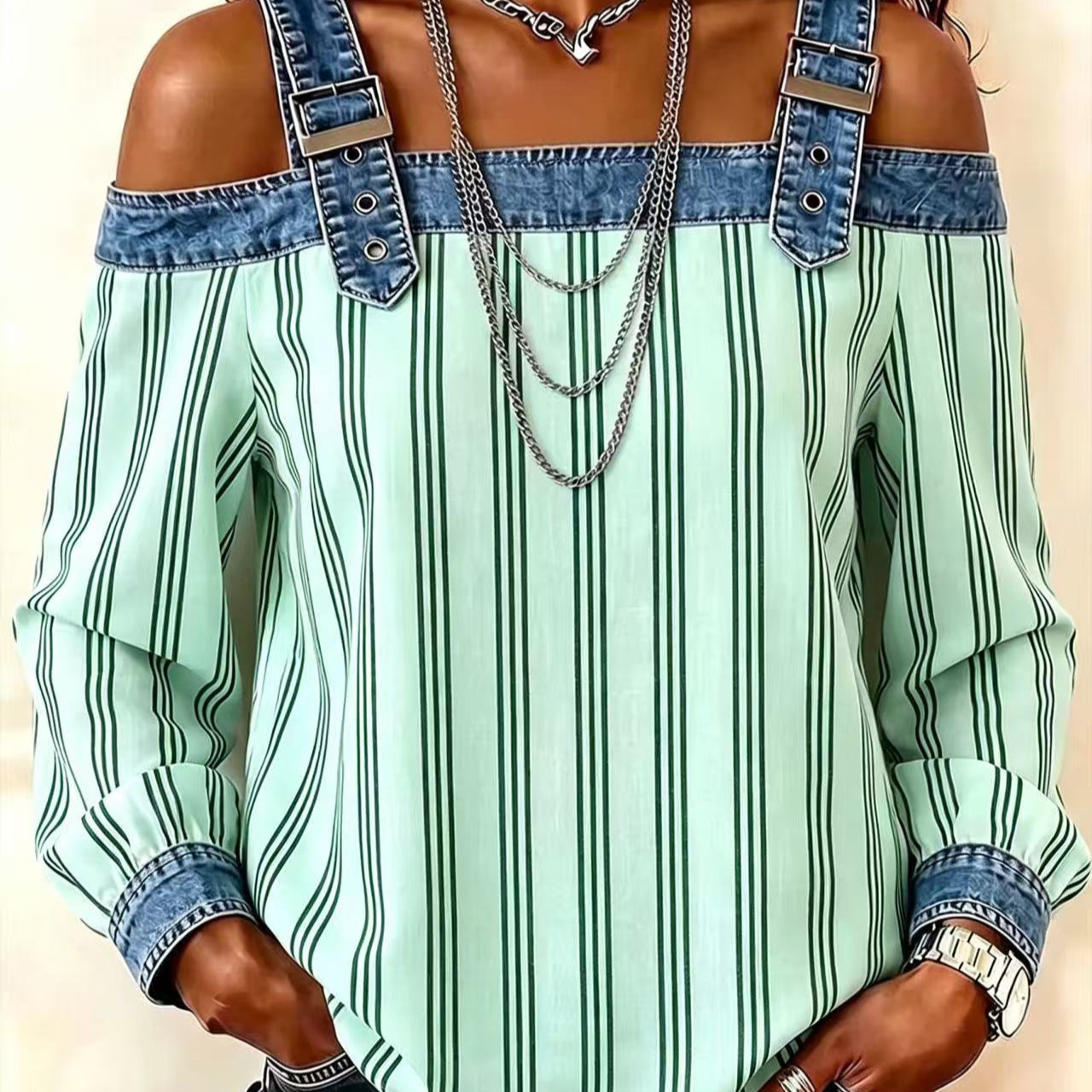 Womens Denim Patchwork Off-Shoulder Top