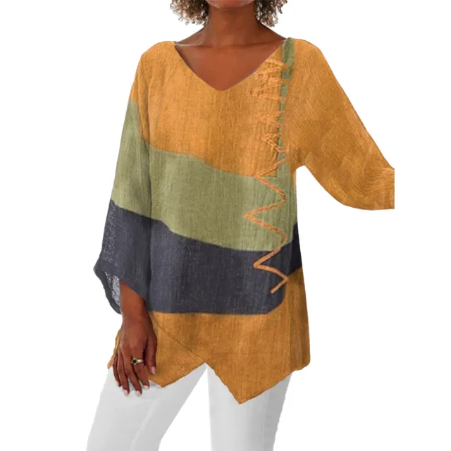 Ins Colorblock Print V neck Long Sleeve T Shirt Fashion Loose Tops Autumn And Spring Women's Clothing T18 - Shop at LoveMi