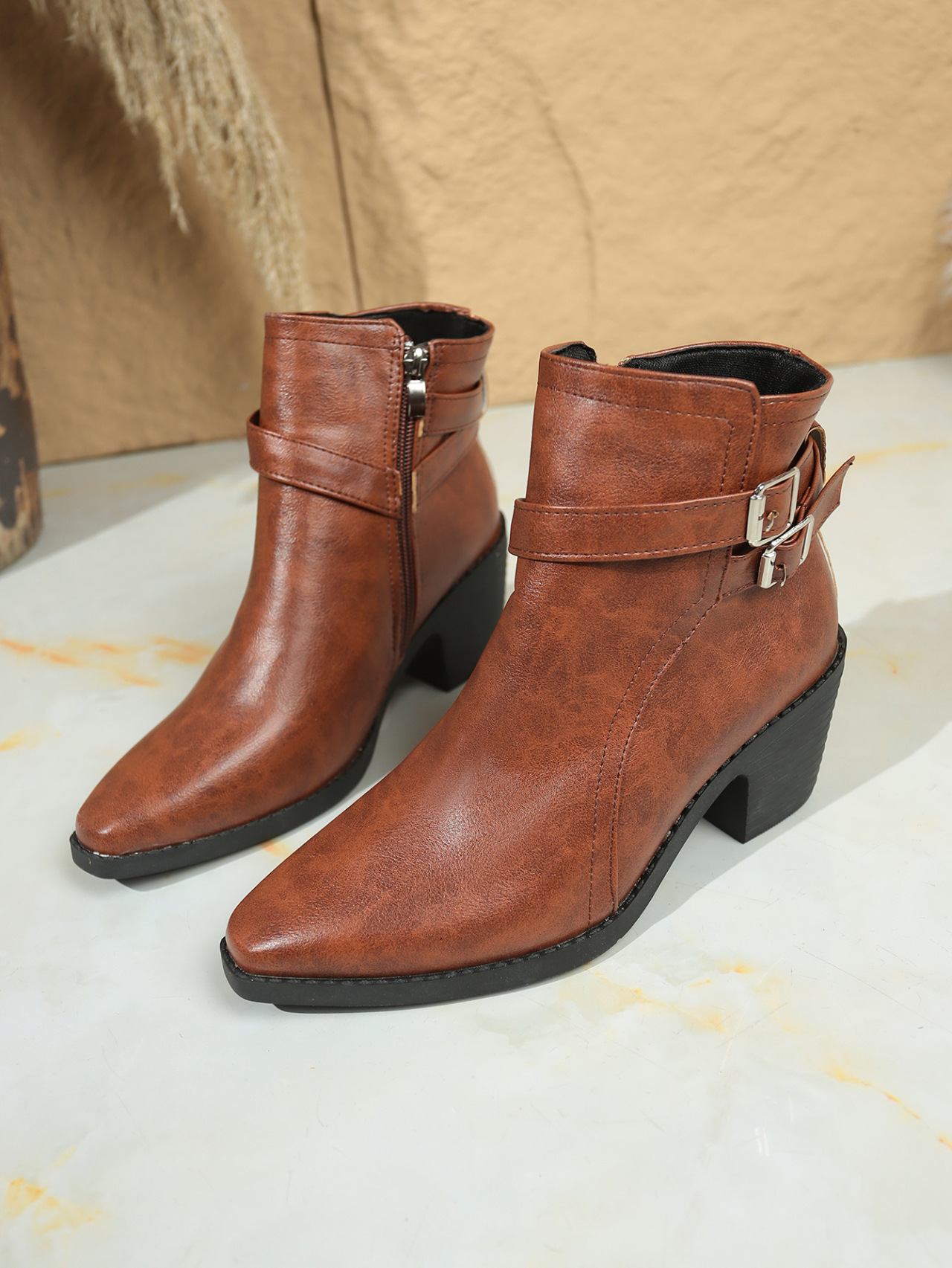 Sarah Express Buckle Ankle Boots Chunky Heel Detail