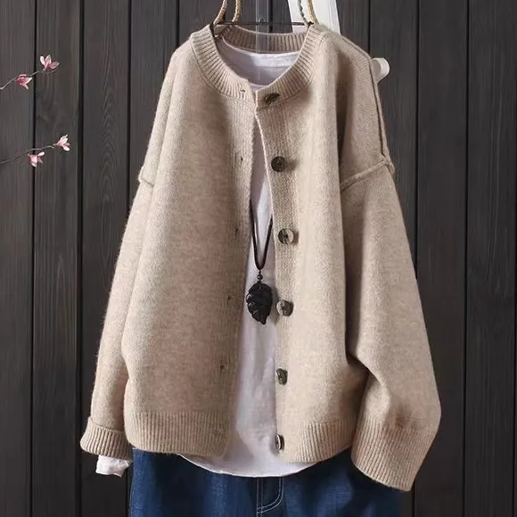 Loose Slimming Preppy Style All match Single breasted Knitted Cardigan Sweater Camel - Shop at LoveMi