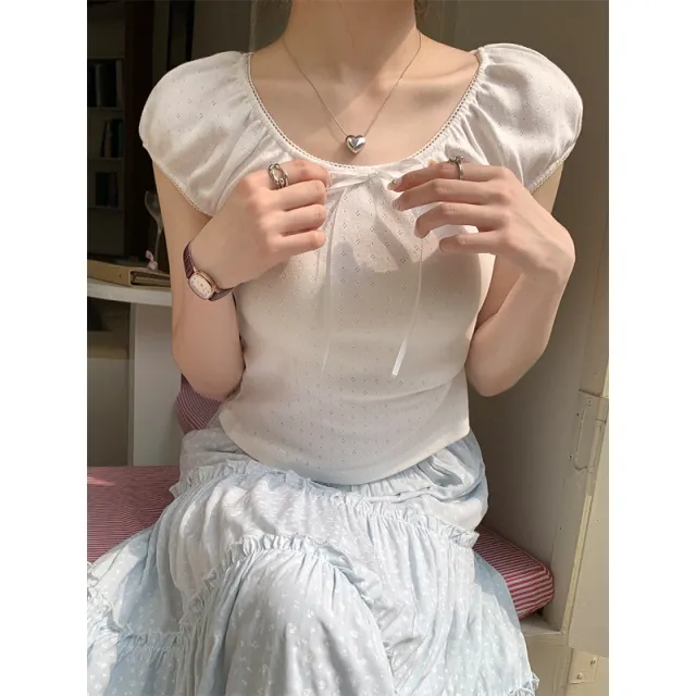 Slim fit Crop top Small Floral Flounce Trim Lace Up Short Sleeve Floral - Shop at LoveMi
