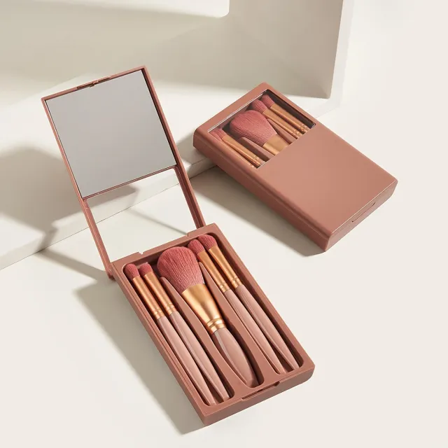 Makeup Brushes With Mirror Travel Set Bean Pink 5 Pieces - Shop at LoveMi