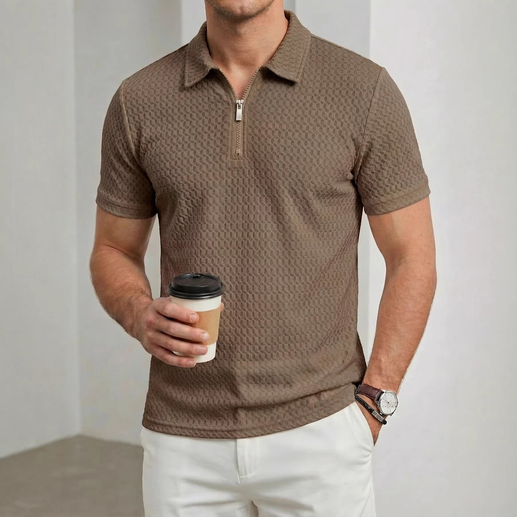 Men's Lapel Zipper Plaid Jacquard Short Sleeve