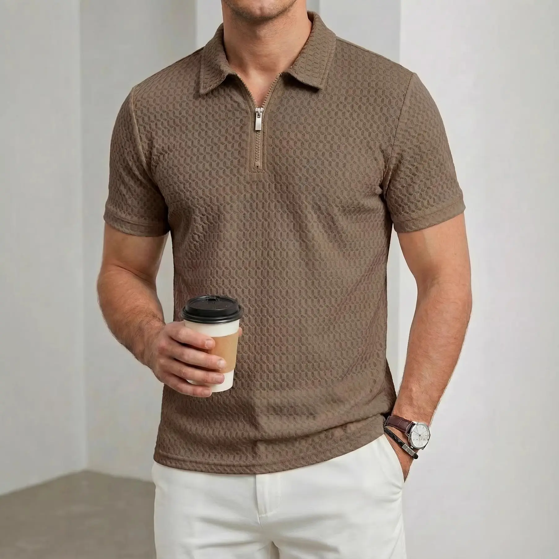 Men's Lapel Zipper Plaid Jacquard Short Sleeve