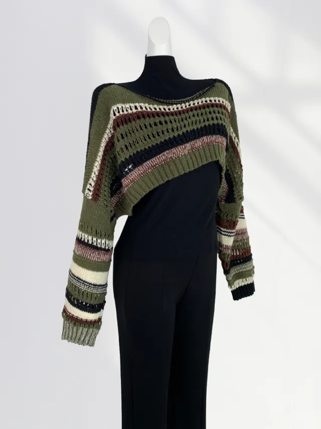 Retro American Lazy Sweater Women's Crocheted Striped Stitching Loose Short - Shop at LoveMi