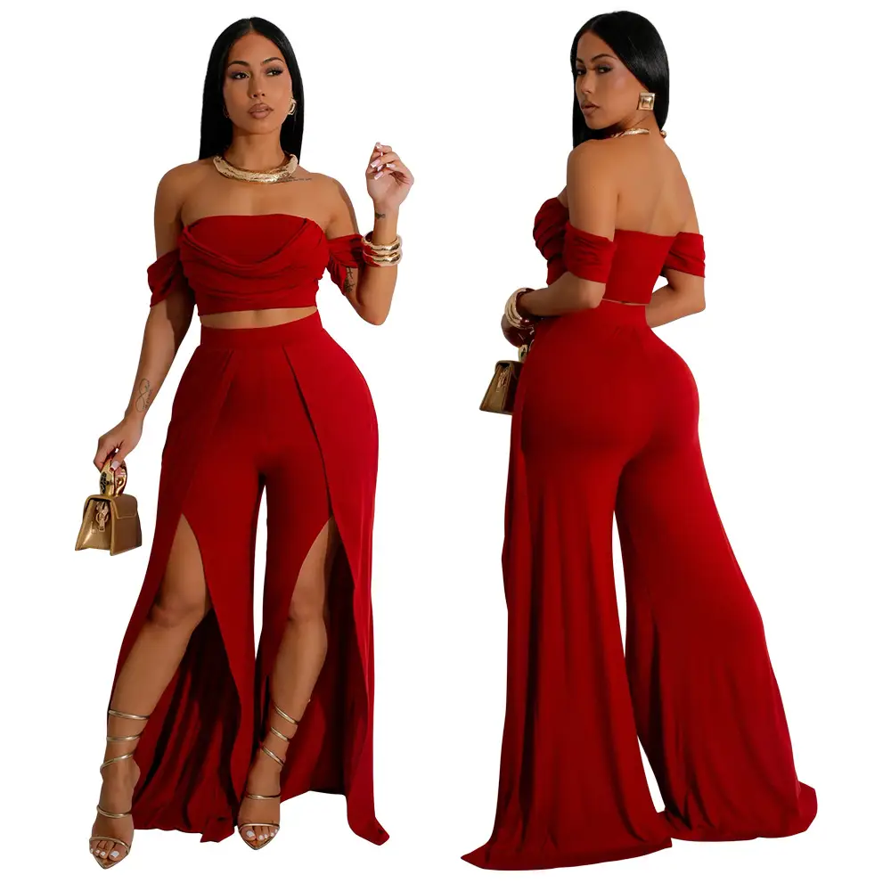 Fashion Women's Casual Tube Top Split Wide Leg Pants Suit