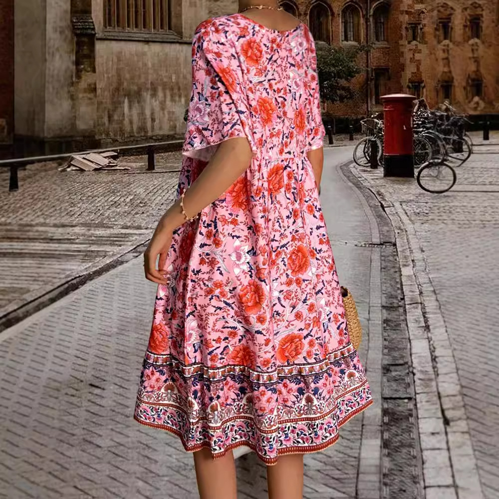 Small Floral V-neck Loose Casual Bohemian Vacation Style Dress