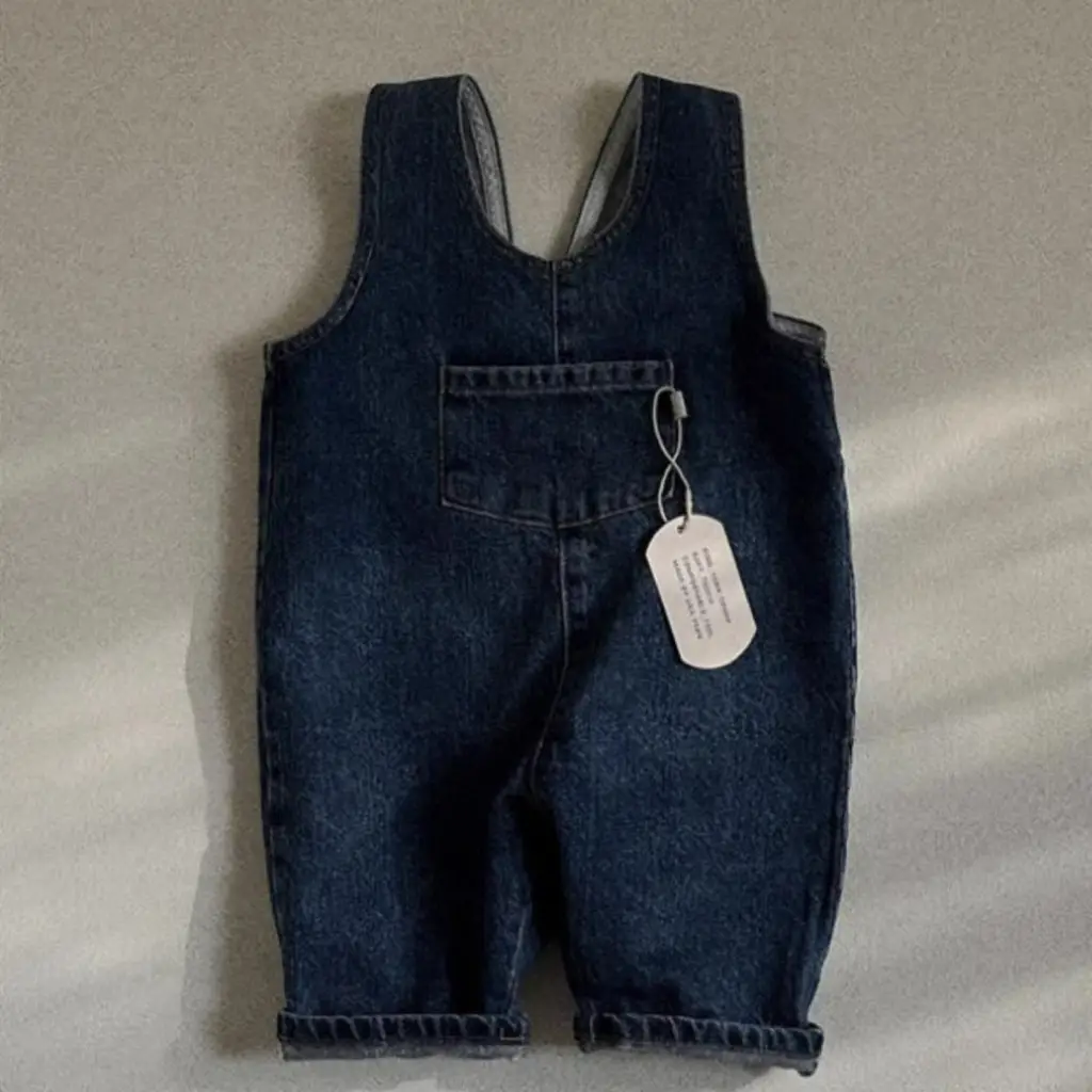 Korean Style Denim Blue Solid Color Pocket Siamese Suspender Trousers For Boys And Girls