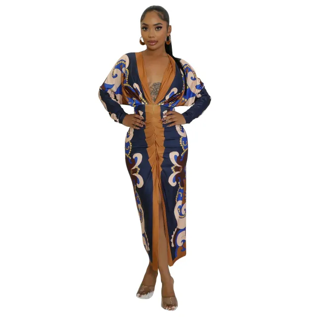 Hot Sexy V neck Long sleeved Slit Dress Blue - Shop at LoveMi