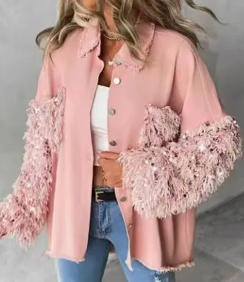 Loose Casual Sequin Denim Tassel Shirt Coat - Pink