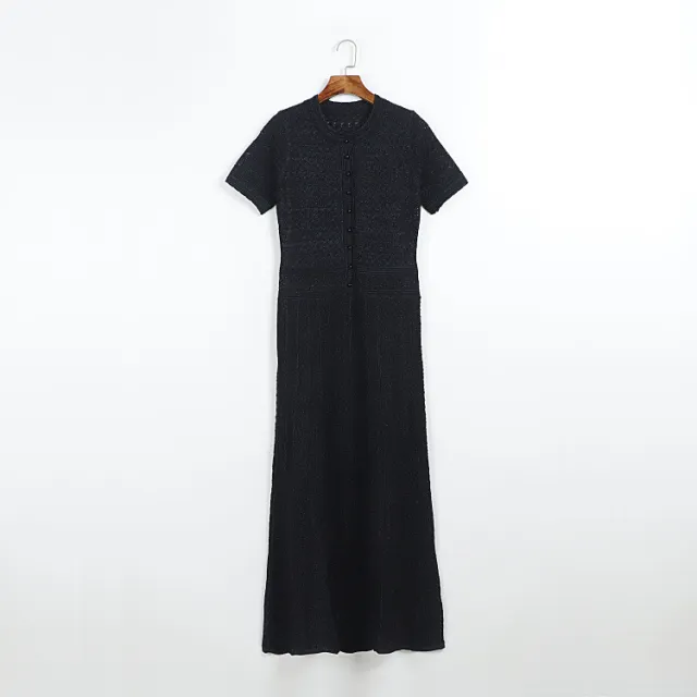 Row Pearl Button Diamond Pattern Large Hem Pleated Skirt Add Short Sleeve Black - Shop at LoveMi