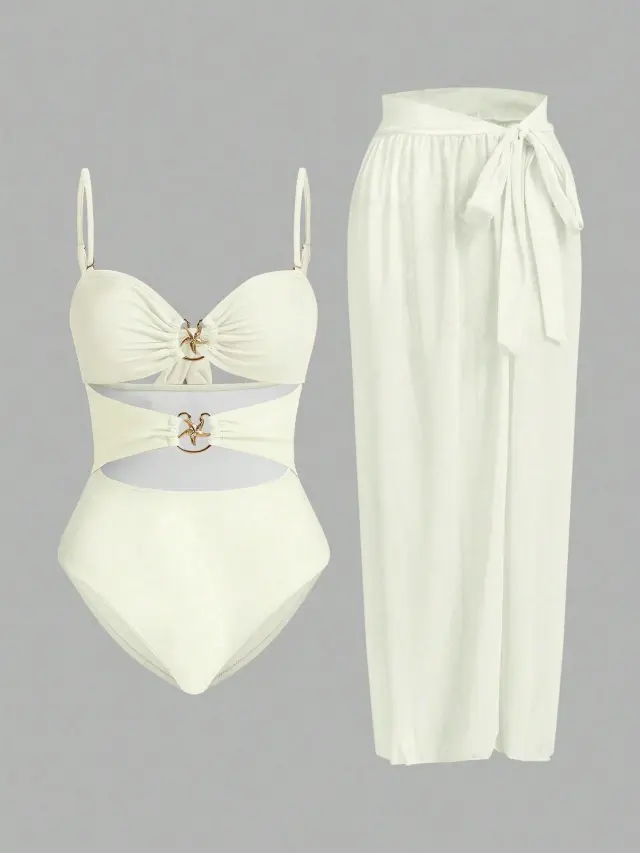 Printed Halter Spaghetti Straps Sexy Bikini One piece Lace up Hot Spring White - Shop at LoveMi