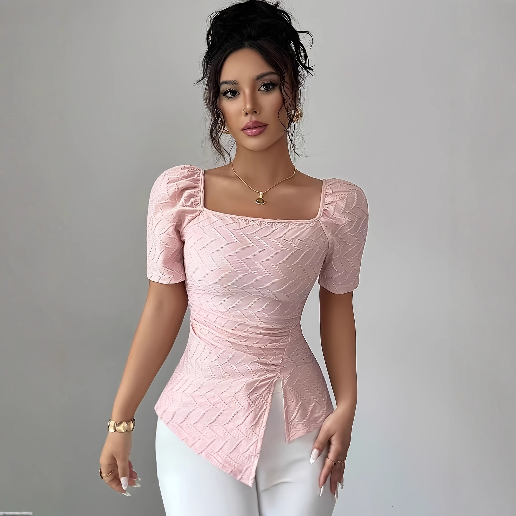 Elegant Square-neck Jacquard Puff-sleeve Waist-cinching Short Sleeve