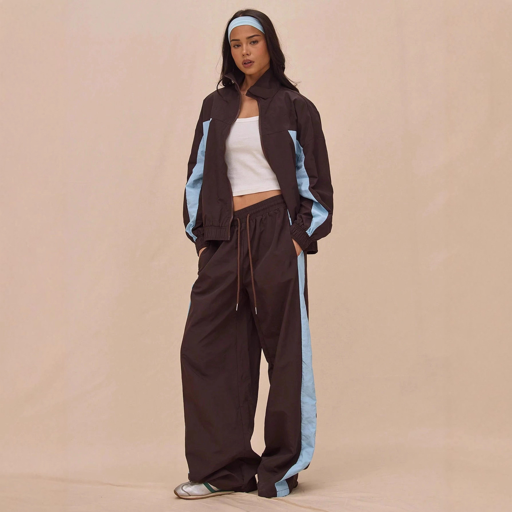 Stylish Womens Striped Zip-Up Jacket And Lace-Up Pants Set