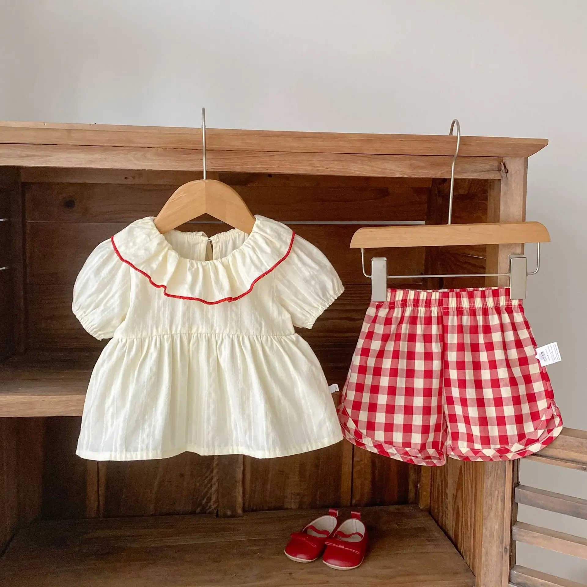 Short-sleeve Top Plaid Pants Two-piece Set Thin