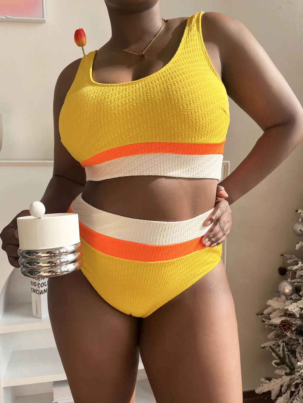 Plump Girls Multi-color Mosaic Vest Bikini Swimsuit - Yellow