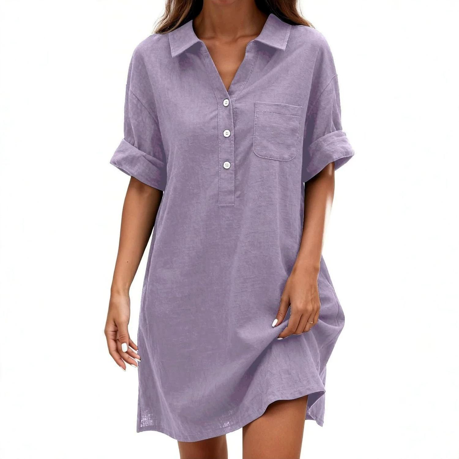Cotton-linen Solid-color Shirt-collar Casual Breathable Dress