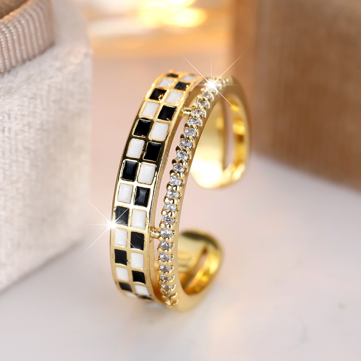 Personality Golden Squares Micro Inlaid Zircon Dual Layer Open-end Ring