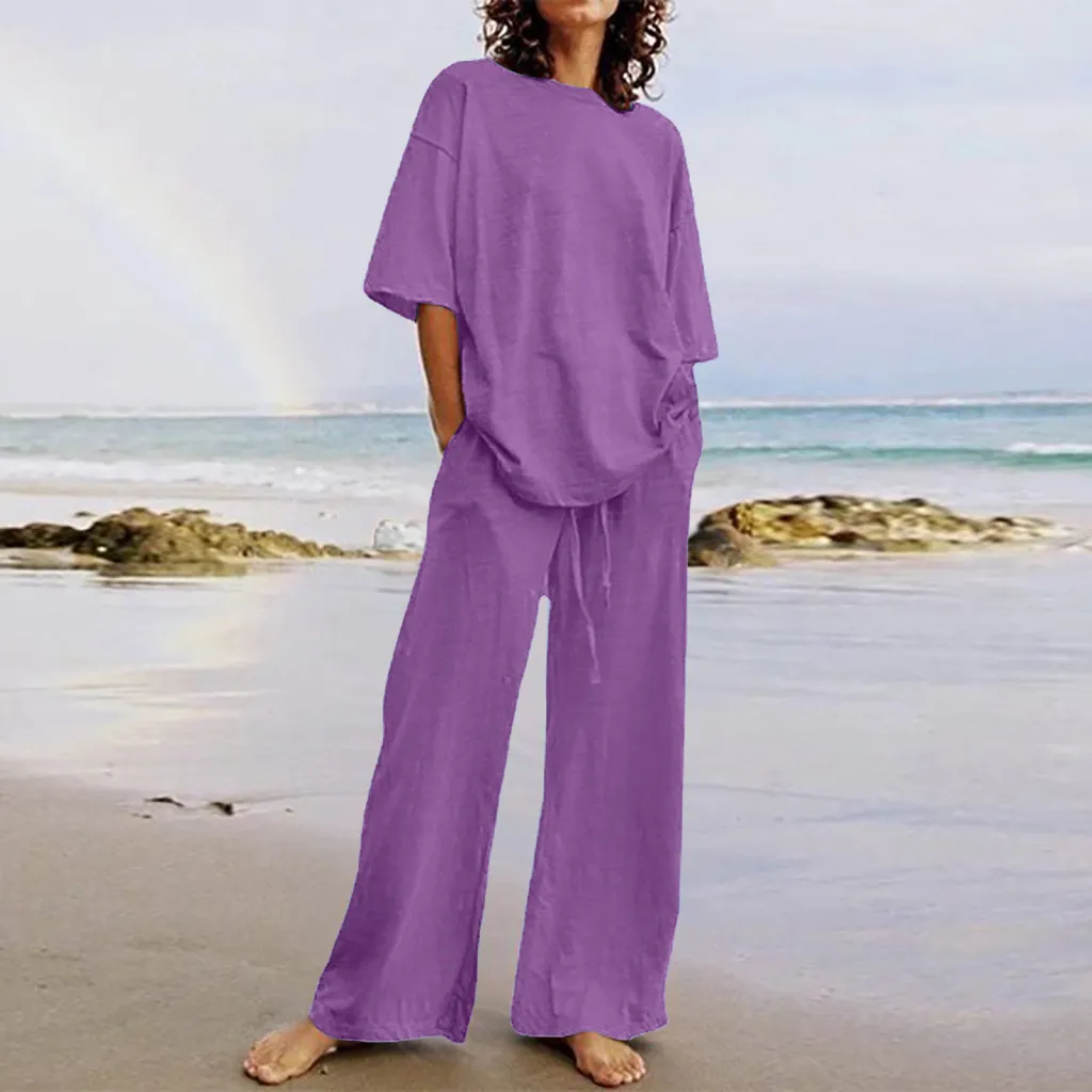 Cotton And Linen Home Solid Color Two-piece Suit - Purple