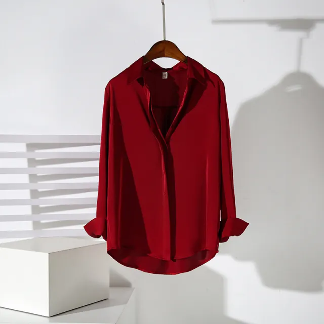 Satin Women's Long sleeved Professional Anti wrinkle Shirt Red - Shop at LoveMi